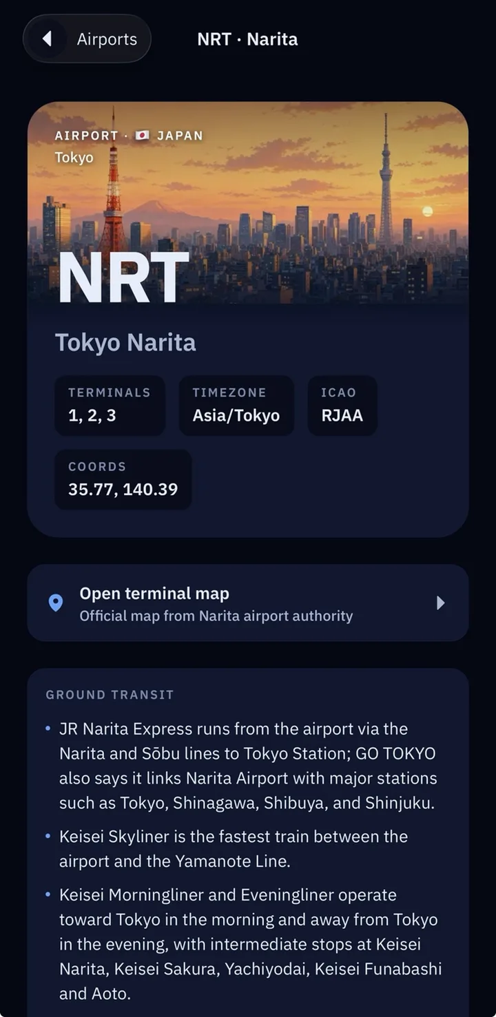 FlightBound airport page for Tokyo Narita (NRT) showing terminals, timezone, ground transit, and the gate page where lounge eligibility appears
