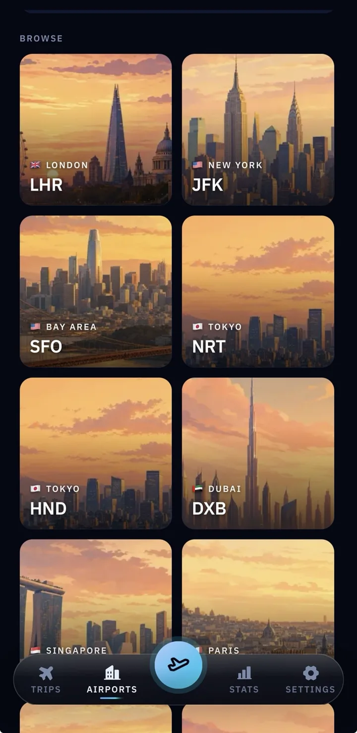 FlightBound Airports browse screen — a two-column grid of airport cards, each a warm sunset city-skyline photo labeled with a country flag, city, and IATA code: LHR London, JFK New York, SFO Bay Area, NRT Tokyo, HND Tokyo, DXB Dubai, SIN Singapore, and Paris