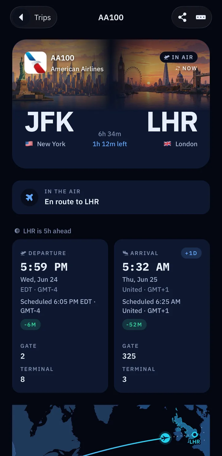 FlightBound live flight detail for AA100, en route to LHR, showing time remaining, gate and terminal, delay chips, and a live route map