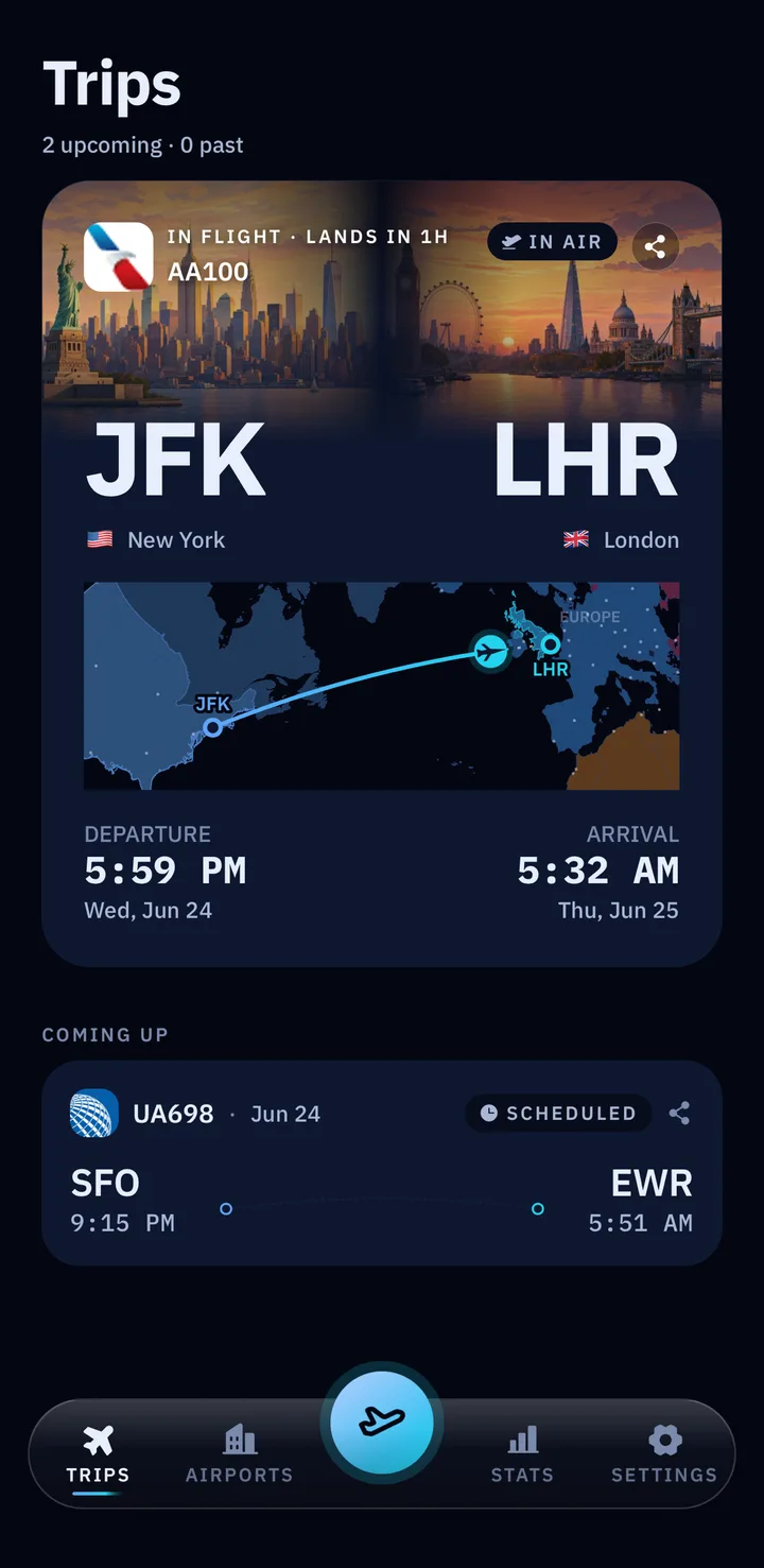 FlightBound Trips screen showing a live JFK to LHR flight in the air, with a route map and a connecting SFO to EWR flight coming up